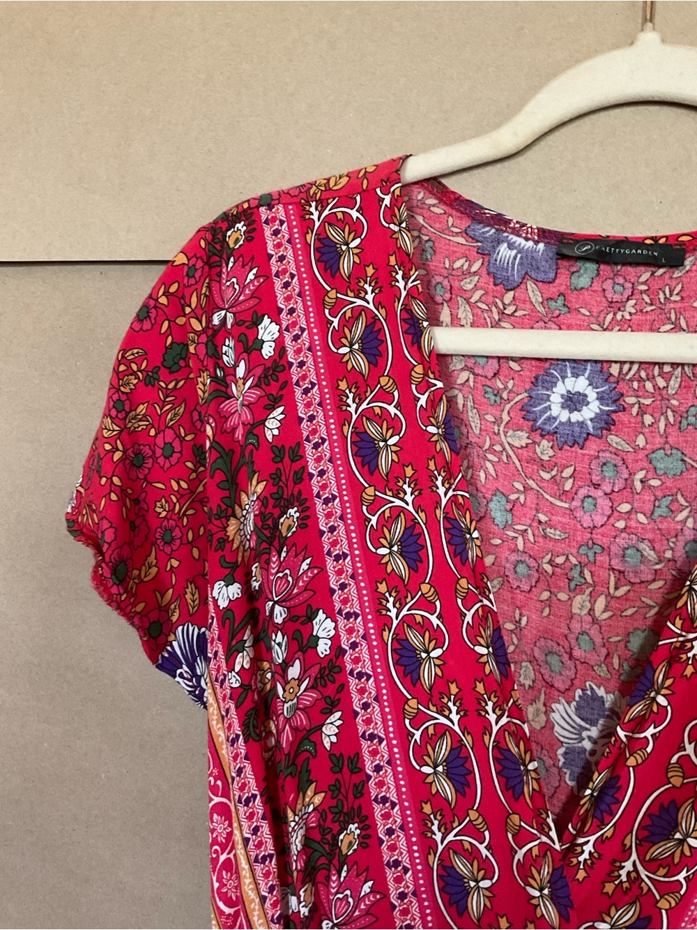 Pretty Garden. Red Floral Wrap Maxi Dress with Tie Waist. Size L - Picture 6 of 10